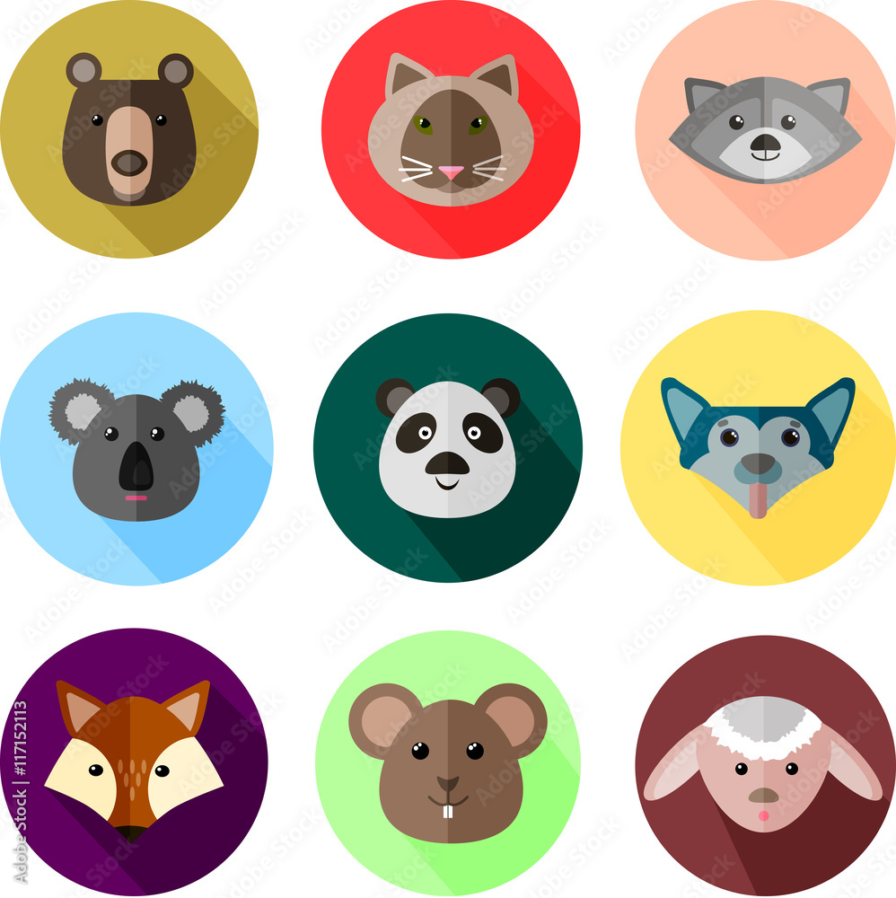 Flat style round icons with animals Flat style round icons with animals