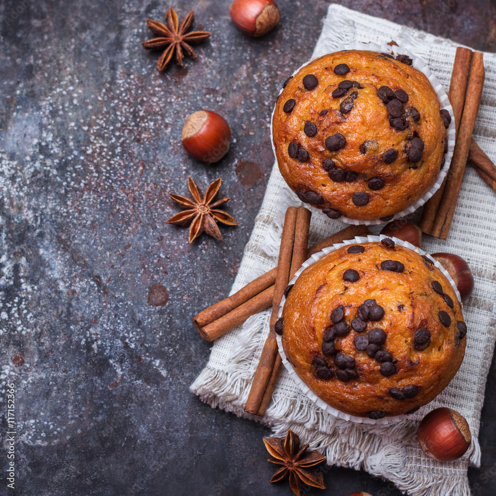 Fototapeta premium Homemade chocolate chip muffins for breakfast