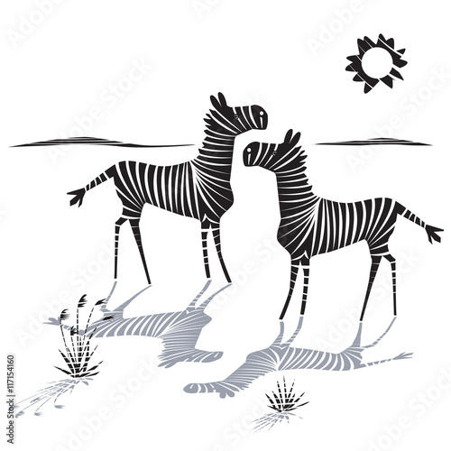 Vector illustration of couple of zebras with striped shadows. Isolated black graphic art on white background. Animal print.