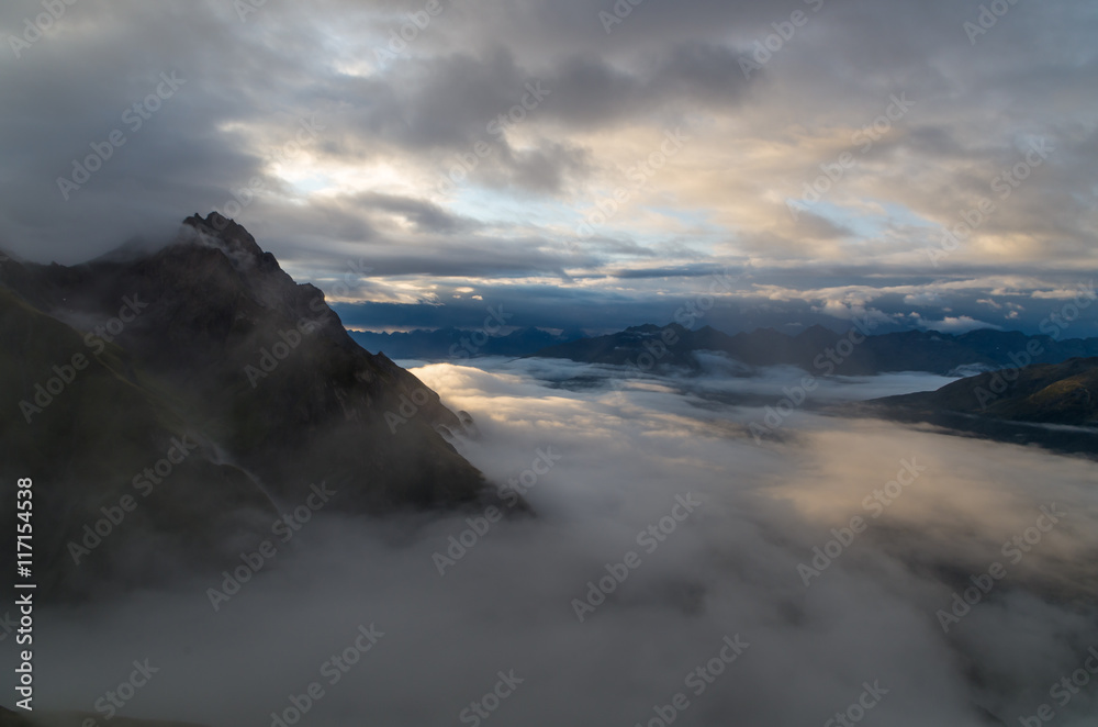 Sunrise with foggy sky in the Lechtal Alps, Tyol, Austria