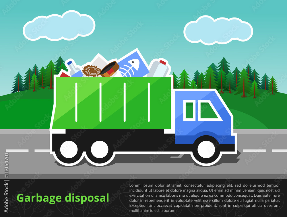 Vector illustration of garbage truck on the way. Trash disposal theme with the space for text entry.