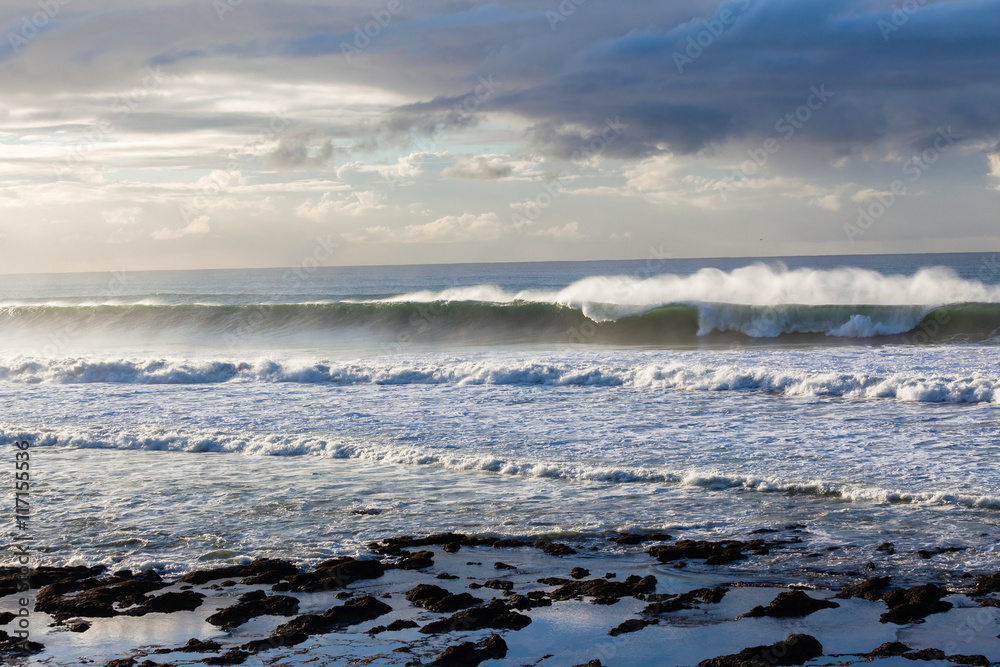 Ocean Waves crashing water power long rocky beach Ocean Waves crashing water power long rocky beach