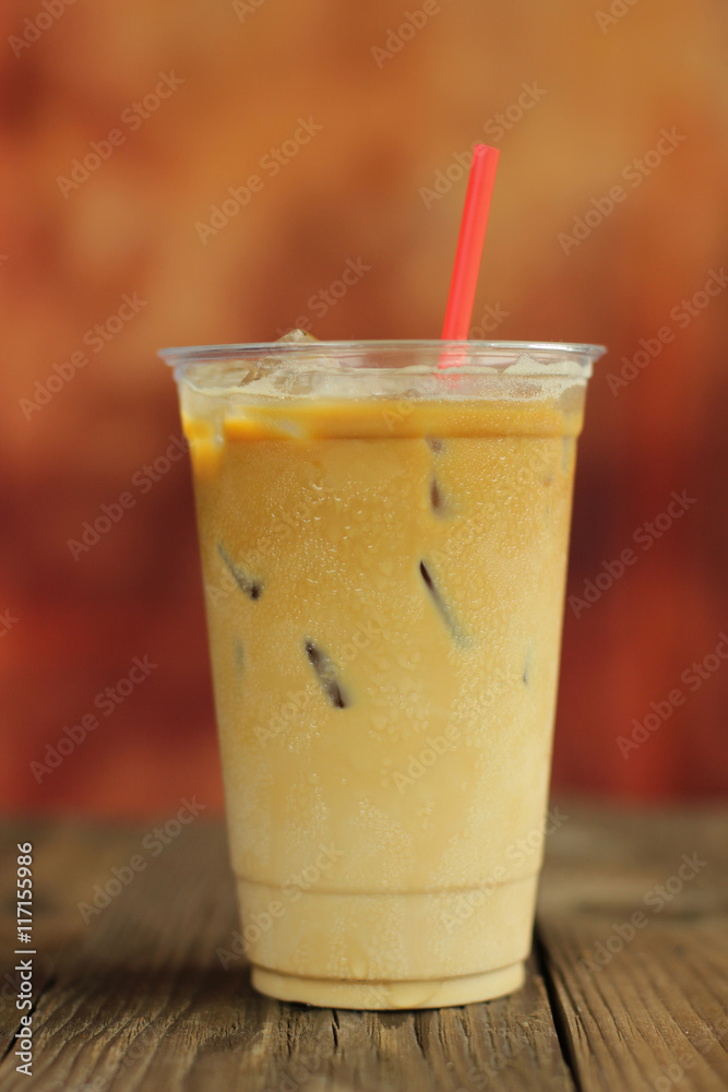 Iced coffee cafe latte on the wood Iced coffee cafe latte on the wood