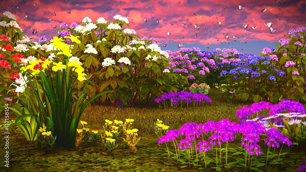 Naklejka premium Summer wildflowers on meadow 3d rendering