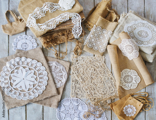 Lace and linen home decoration elements, top view