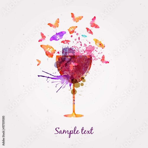 Watercolor glass of wine and butterflies