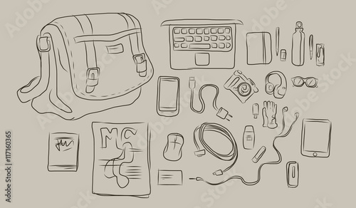 sketch of things inside bag, from laptop to headphone, book, magazine all in vector