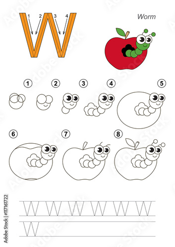 Drawing tutorial. Game for letter W. Apple Worm.