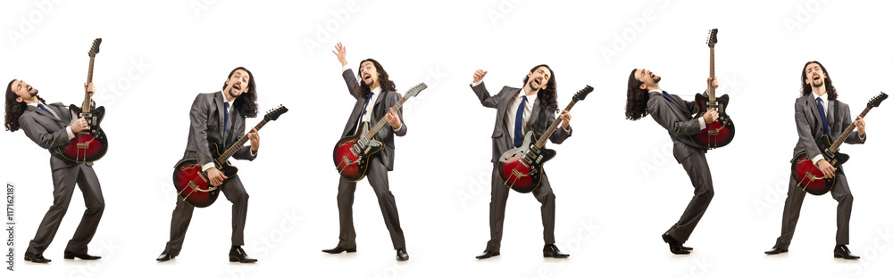 Funny guitar player isolated on white Funny guitar player isolated on white