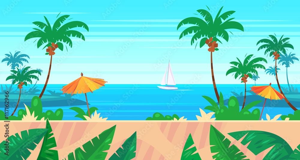 Cartoon nature seamless landscape with sea and palm