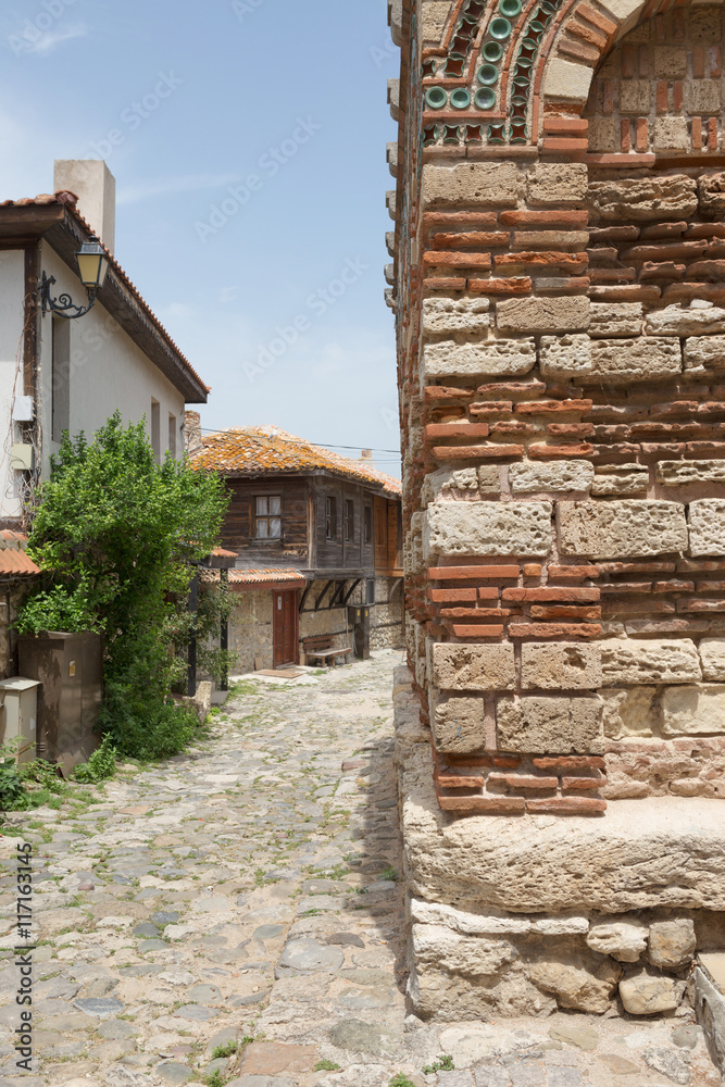 NESSEBAR, BULGARIA, JUNY 18, 2016: architectural solutions Nessebar old town buildings. residential quarter.