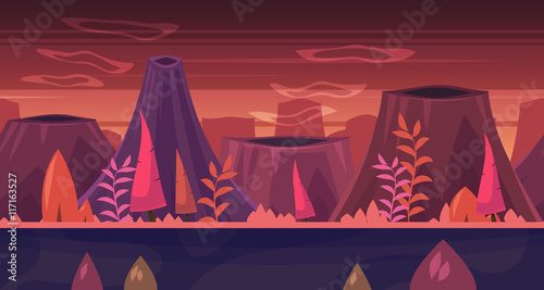 Cartoon nature seamless landscape with trees and mountains