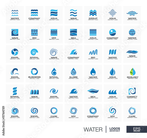 Abstract logo set for business company. Corporate identity design elements. Star, Water wave, drops connect concept. Circle, blob, spiral, swirl and whirlpool logotype collection. Colorful Vector