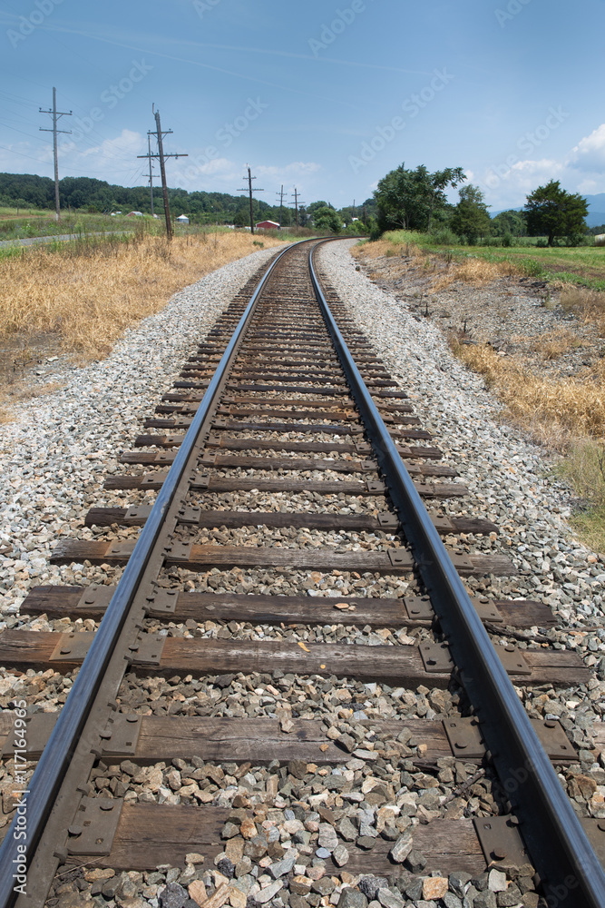 Train tracks with blue sky in Luray, Virginia.