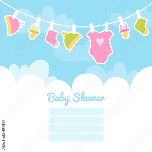 Baby shower card with baby clothes