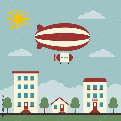 Airship over the city. Illustration for children. Vector isolated airship.