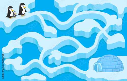 Vector maze game with penguin finding the house