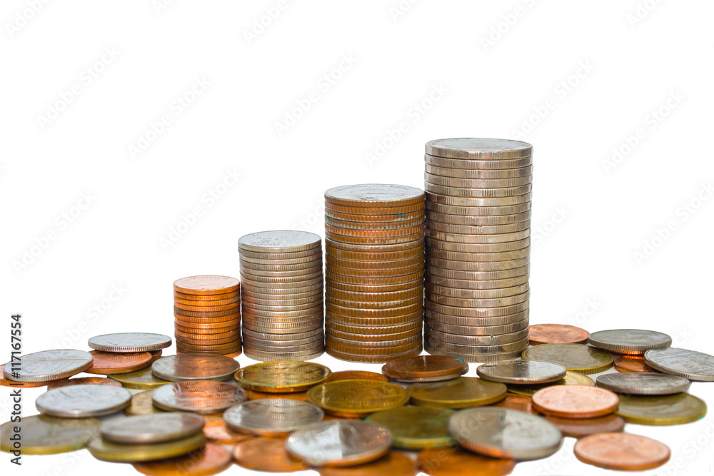 Coin stacks on a white background, coin isolate. Coin stacks on a white background, coin isolate.