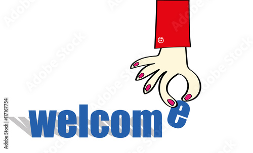 Female hand with nail varnish adding the final letter "e" to the word welcome on a white background with copy space