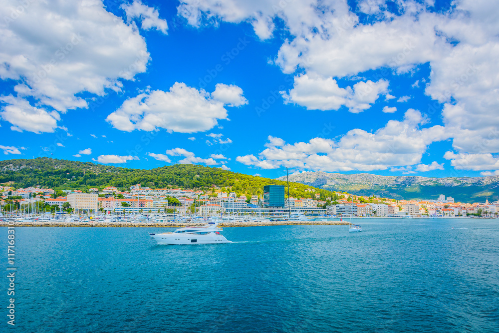 Split cityscape summertime. / Waterfront view at coastline of city Split and Marjan hill, summertime Croatia.