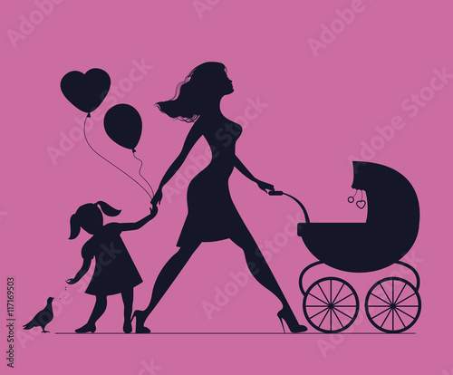 Mom with daughter and baby in baby carriage.