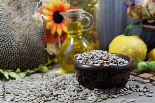 Sunflower seed, sunflower and sunflower oil - for health and beauty - selective focus