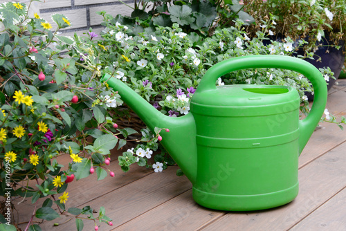 watering can and summer flowers on wooden terrace
