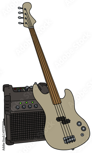 Electric bass guitar and the combo / Hand drawing, vector illustration