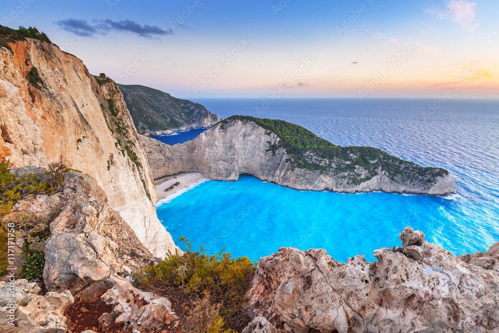 Navagio Beach (Shipwreck beach) at sunset on Zakynthos Island, Greece