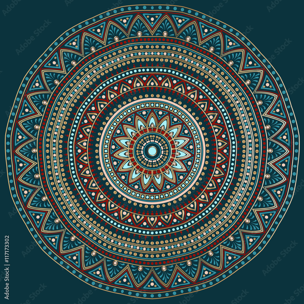 Drawing of a floral mandala in red, turquoise, gold and blue colors on a dark background Drawing of a floral mandala in red, turquoise, gold and blue colors on a dark background