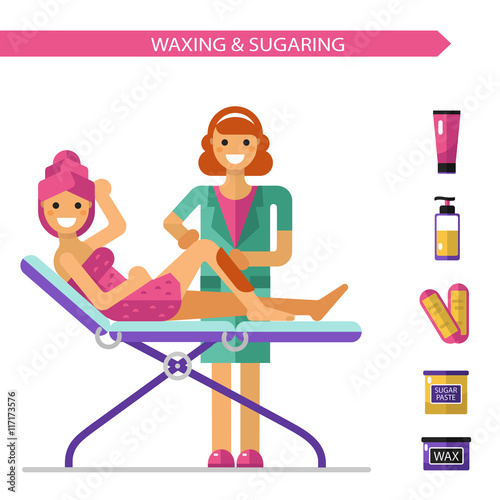 Vector flat design illustration of epilation or depilation procedure. Cosmetologist or beautician depilating legs of beautiful girl in towels. Bottle of wax, sugaring, wax strips icons