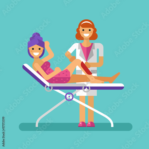 Vector flat design illustration of epilation or depilation procedure. Cosmetologist or beautician depilating legs of beautiful girl in towels. Waxing or sugaring process with strips. Hair removal.