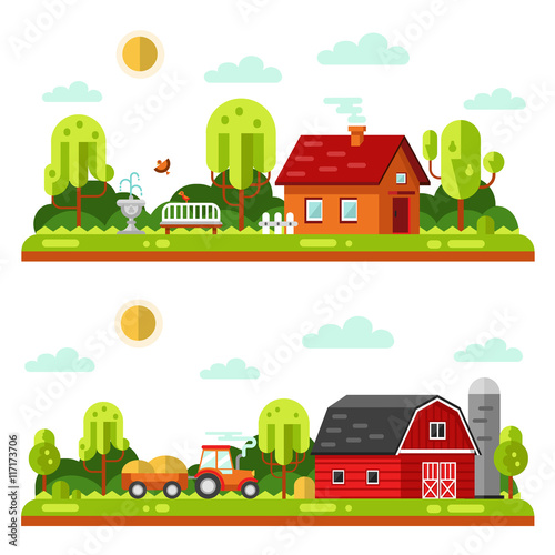 Flat design vector landscape illustrations with farm building, house, bench, fountain or drinking bowls for birds, tractor. Farming, agricultural, organic products concept.