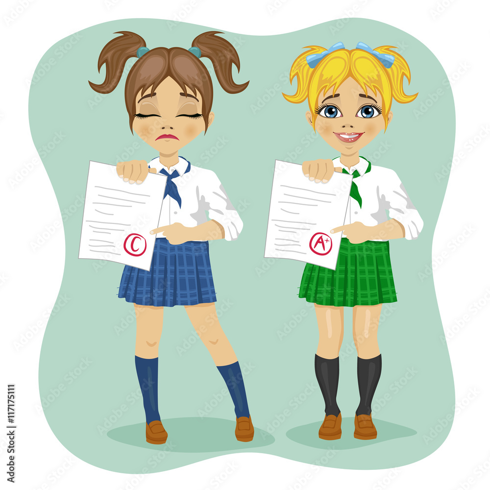 young schoolgirls showing exam with good and bad test results young schoolgirls showing exam with good and bad test results