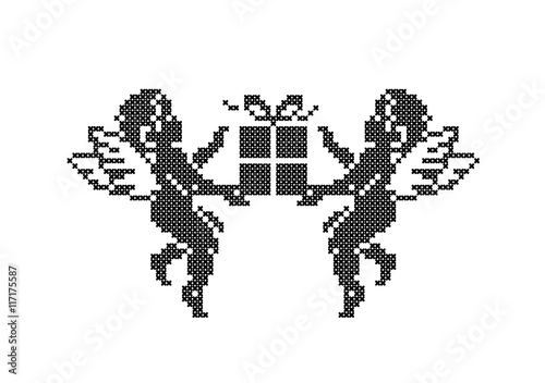 Cute Cupids with gift box. Vector.