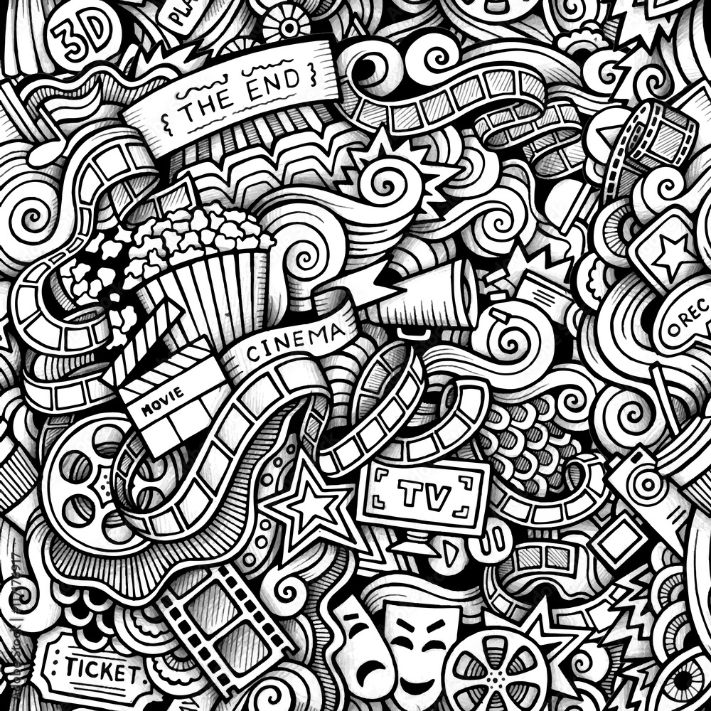 Cartoon hand-drawn doodles on the subject of Cinema style theme Cartoon hand-drawn doodles on the subject of Cinema style theme