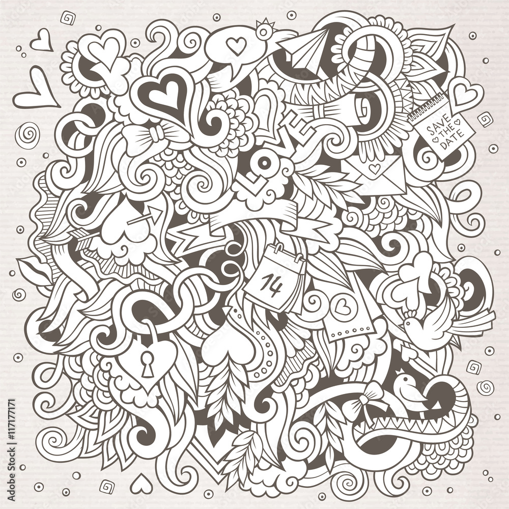 Cartoon vector hand-drawn Love Doodles. Sketchy design background