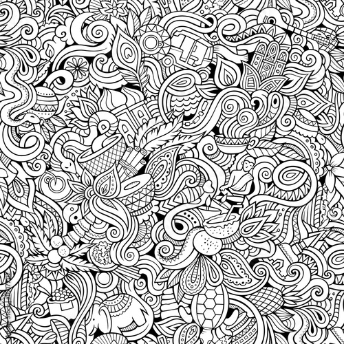 Cartoon hand-drawn doodles on the subject of Indian style theme seamless pattern
