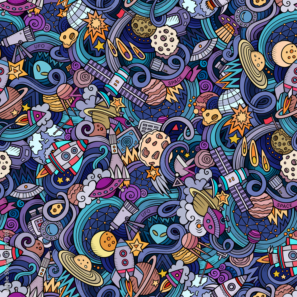 Naklejka premium Cartoon hand-drawn doodles on the subject of space seamless pattern