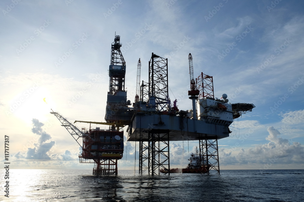 Offshore construction platform for production oil and gas, Oil and gas industry and hard work,Production platform and operation process by manual and auto function, oil and rig industry and operation.