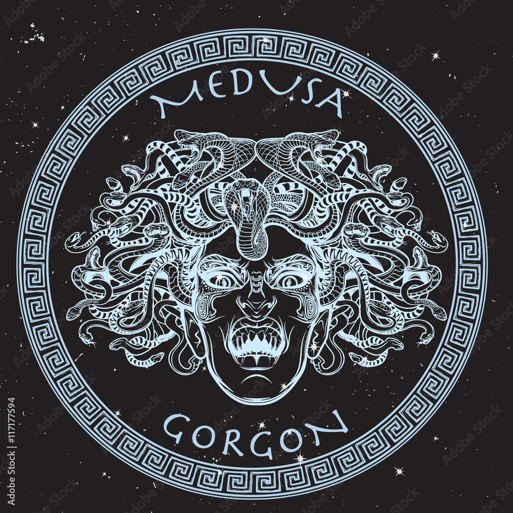 Obraz premium Medusa Gorgon sketch on a black nightsky background