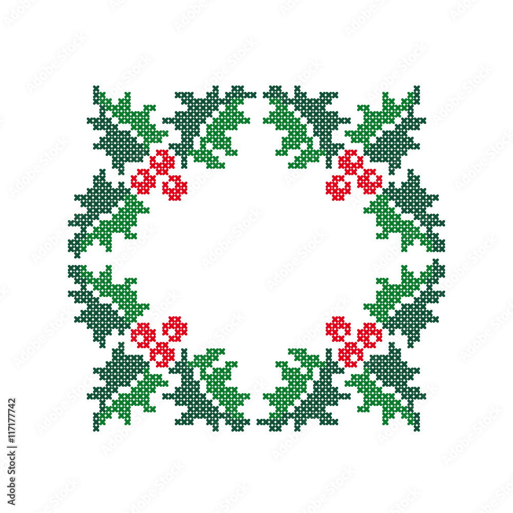 Evergreen holly with berries. Christmas frame.