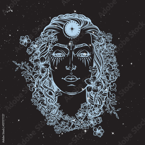 White goddess sketch on a black nightsky background