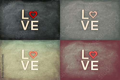 Vintage Chalkboards with red hearts and word LOVE