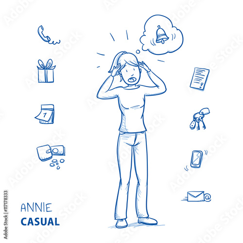 stressed young woman in casual clothes in panic with alarm bell in a thought bubble as if she forgot something to do (e.g. keys, money, birthday) Hand drawn line art cartoon vector illustration.