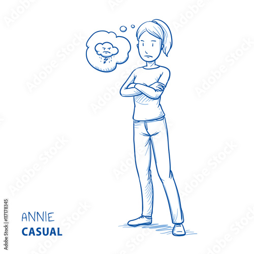 Angry young woman in casual clothes with folded arms and dark cloud in a thought bubble. Hand drawn line art cartoon vector illustration.