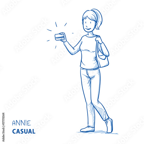 Happy young woman in casual clothes with handbag and shopping or credit card. Hand drawn line art cartoon vector illustration.