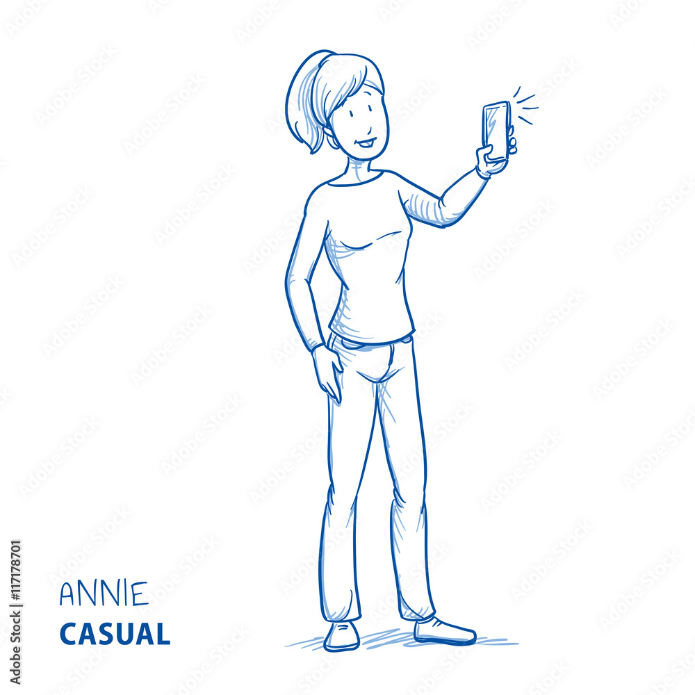 Happy young woman in casual clothes taking a photo with her mobile phone. Hand drawn line art cartoon vector illustration. Happy young woman in casual clothes taking a photo with her mobile phone. Hand drawn line art cartoon vector illustration.