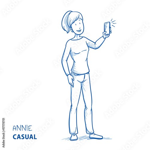 Happy young woman in casual clothes taking a photo with her mobile phone. Hand drawn line art cartoon vector illustration.