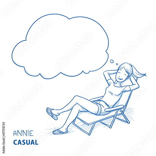 Happy young woman in casual clothes relaxing in a deck chair with thought bubble. Hand drawn line art cartoon vector illustration.